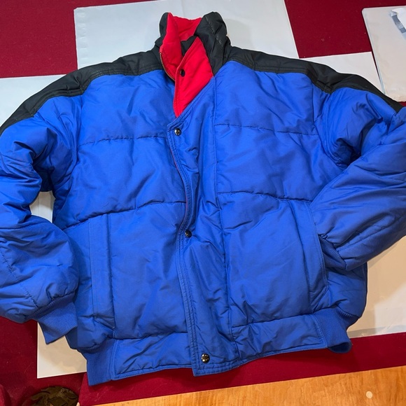 St. Moritz Ski Team XL MEN BLUE red DOWN PUFFER Jacket ZIP SNAP coat Snow WINTER - Picture 16 of 16
